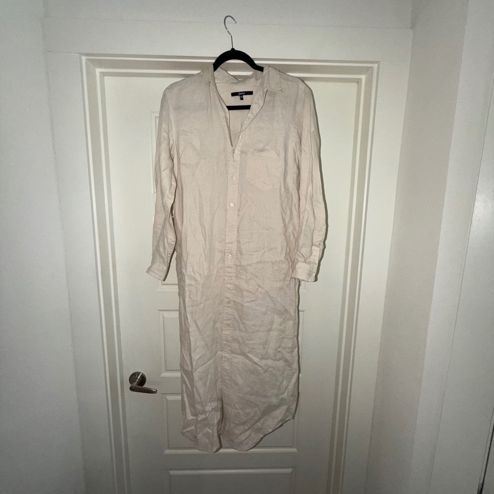 Quince Women XS 100% Linen Maxi Shirt Dress Oatmeal Beige Long Sleeve 0513